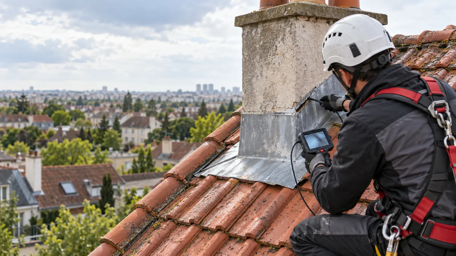Illustration d'une recherche de fuite autour d'un solin de cheminée à Clamart